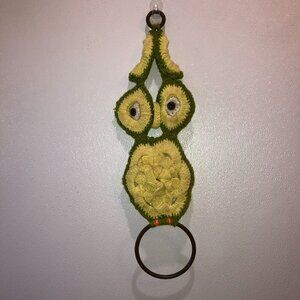 Vintage Owl Yarn Macrame Wall Hanging 1970's Vibe Yellow Bead Eyes Branch 27"
